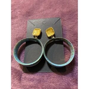 Vintage Avon 1993 Sea Color Hoop Earrings Gold Tone Teal Patina Verdigris Kitsch